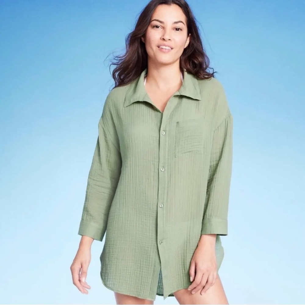 NWT - Green Gauze Swim Cover-Up Shirt - Size: L